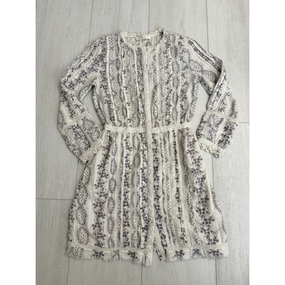 LoveShackFancy Floral Long Sleeve Cotton Mini Dress Sz XS Ivory‎  / Lavender